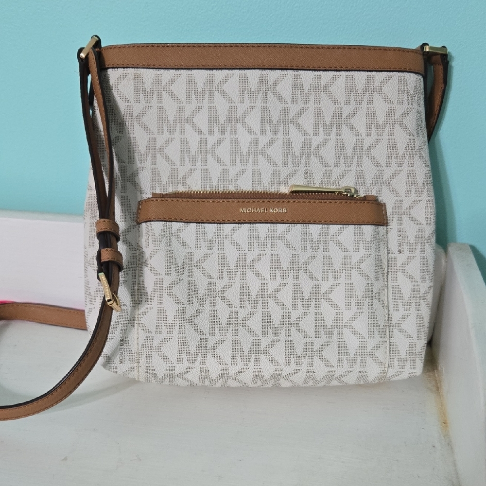 Michael Kors Tan and White Crossbody Bag with Monogram Print